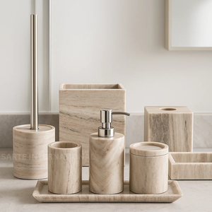 Ensemble d'accessoires de salle de bain modernes en marbre de cinq pièces, ensemble de bain en pierre de luxe, distributeur de savon, gobelet, plateau, OEM ODM en gros - Product Image 3