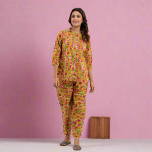 Women's Mustard Cotton Floral Print Sleep Dress ODM Casual Night <b>Suit</b> Button Closure Custom Logo Soft Woven Animal Cartoon - Product Image 1