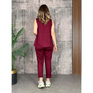 Ensemble deux pièces pour femme, chemisier à bretelles et col rond en viscose à deux fils et pantalon de survêtement, 26611 - Bourgogne - Product Image 4