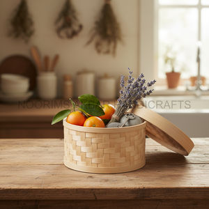 Eco Friendly Handcrafted <b>Bamboo</b> Storage <b>Container</b> with Lid Crisscross Pattern Natural Organizer Home Utility Bulk Supplier - Product Image 5