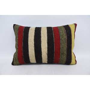 Multicolor Kilim Patchwork Wool Pillow 16x24 Inch Decorative Accent <b>Cushion</b> with Vintage <b>Fluffy</b> Leaves Pattern Woven Technique - Product Image 1