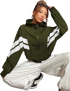Olive Green Cropped Woven Color Blocked Bomber <b>Jacket</b> <b>Women</b> Zip up Hooded <b>Lightweight</b> Casual Streetwear Sportswear Outerwear - Product Image 1