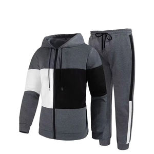 Ensemble de survêtement pour homme gris, noir et blanc, avec veste à capuche zippée et pantalon de jogging à revers, tenue de sport d'hiver - Product Image 1