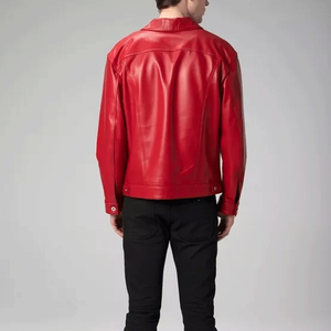 Chaqueta bomber con cierre abotonado de piel de cordero auténtica roja de camionero clásico para hombre - Product Image 2