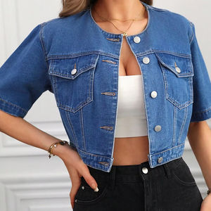 Chaqueta vaquera de algodón informal para mujer joven bordado de Color sólido estilo de moda a juego acabado transpirable de Metal sólido - Product Image 4