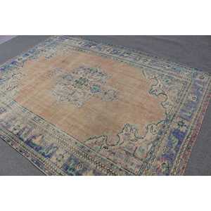 Alfombra grande vintage de 6.6x8.8 pies, alfombra de lana turca azul con lunares - Product Image 3