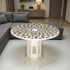 Grossiste et fabricant indien de dessus de table à manger incrusté de marbre blanc de forme ronde pour l'hôtel et la décoration intérieure - Product Image 1