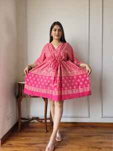 Robe Kaftan florale légère sur mesure-Style Boho court avec cordon de serrage à la taille convient aux clients et revendeurs de boutique - Product Image 3