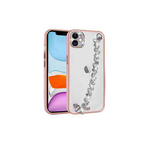 Étui en silicone rose de luxe pour iPhone 11 14 Plus - Anti-empreintes digitales, orné de pierres, avec poignée, protection de l'appareil photo - Product Image 1