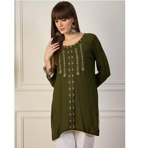 Trendy Elegant Viscose Rayon Short Kurtis with Beautiful Embroidery Patterns Lightweight Ethnic <b>Top</b> for Daily Wear For Sale - Product Image 1