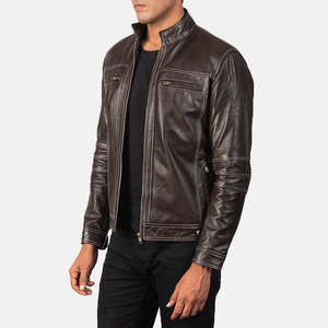 Youngster Brown Genuine Leather Biker <b>Jacket</b> <b>Sheepskin</b> Cowhide Zippered Pattern Decoration Reversible Size XS for Autumn Season - Product Image 2