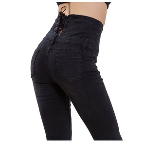 Pantalones vaqueros rasgados lavados oscuros claros desgastados de cintura alta para mujer, revestidos transpirables disponibles, azul negro para ropa informal - Product Image 3