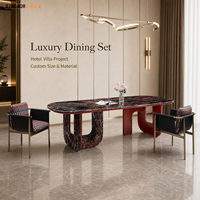Ensemble de table à manger en marbre rouge moderne de luxe avec 8 chaises, plateau ovale en pierre pour la maison et l'hôtel