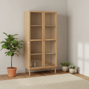 Vitrine moderne minimaliste en bois de chêne massif avec portes vitrées et étagères réglables pour le rangement du salon et de la salle à manger - Product Image 2