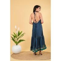 Robe longue Lavinas vintage en soie tissée pour femme, col halter, lavable, imprimé floral, taille élastique, dos nu, coupe trapèze, idéale pour la plage