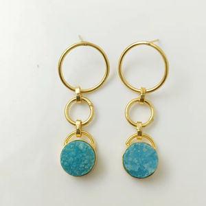 Pendientes Colgantes de Piedras Preciosas Druzy Multicolor Chapados en Oro de 18K, Joyería de Moda de Lujo Geométrica, Hechos a Mano en Latón, Elegantes para Fiesta - Product Image 1