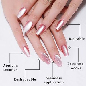 <span class=keywords><strong>Uñas</strong></span> Postizas Metálicas con Brillo Efecto Ojo de Gato Rosa, Forma Cuadrada/Mediana/Coffin, Sin Pegamento, Reutilizables, Calidad de Salón, Venta al Por Mayor - Product Image 6