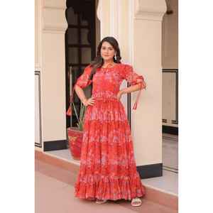 Robe longue moderne et élégante pour femme, en tissu imitation georgette, imprimé numérique, avec détails de couture fantaisie au niveau du col, idéale pour les soirées. - Product Image 1