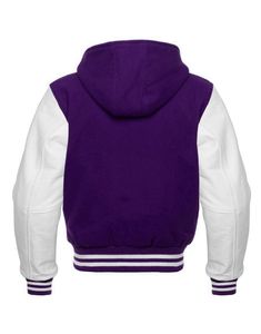 เสื้อแจ็คเก็ตวาร์ซิตี้มีฮู้ดสำหรับผู้ชาย สีม่วงขาว แขนหนัง PU สำหรับฤดูหนาว สไตล์เบสบอล บอมเบอร์ - Product Image 2