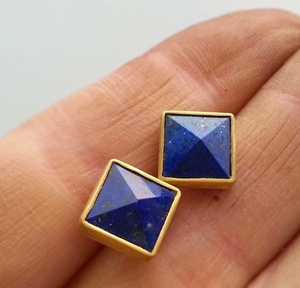 New Arrival 8mm Square Shape Lapis Lazuli Gemstone Bezel <b>Set</b> Handmade 925 <b>Sterling</b> <b>Silver</b> Gold Plating <b>Stud</b> Anniversary IGI - Product Image 1