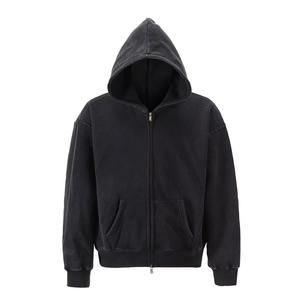 Wholesale Washed <b>Black</b> Full <b>Zip</b> <b>Hoodie</b> for <b>Men</b> Retro Style Heavyweight Fleece Jacket with Adjustable Hood and Front Pockets - Product Image 1