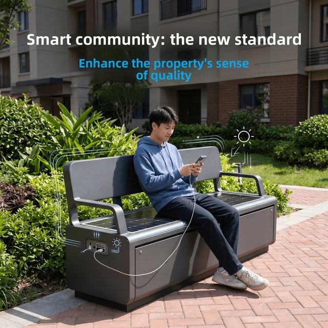Solar-Powered Metal Smart Charging Bench, Outdoor Commercial Furniture for Scenic Areas & Parks