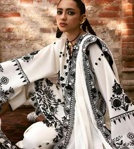 Vêtements de détente pour femmes ensembles coordonnés sur toute la longueur avec des manches mousseline de coton indien pakistanais ensembles modestes ivoire salwar kameez - Product Image 2
