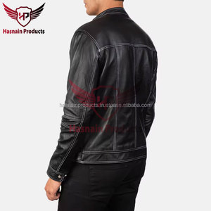 <b>Mens</b> Real Black Leather <b>Jacket</b> Contrast Stitch Band Collar Sheepskin Cafe Racer Coat Custom Vintage Winter Biker Outerwear - Product Image 6