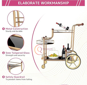 รถเข็นสำหรับเสิร์ฟโลหะสามชั้นแบบหรูหราทันสมัยสีทองและสีดำพร้อมชั้นวางแก้วมีสไตล์สำหรับใช้ในร้านอาหาร - Product Image 3