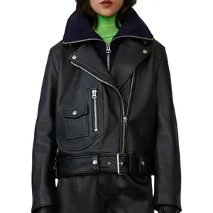 सुपर नई स्टाइलिश महिला भूरे रंग की विषम लंबी चमड़े की जैकेट पूरी तरह से दो जिपर और दो फ्लैप जेपर