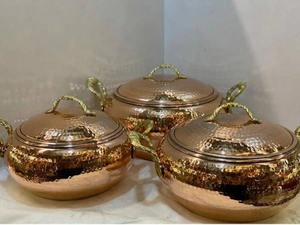 <b>Set</b> of 3 Hammered Copper Finished Casserole With Lid And Brass Handles Perfect For Traditional Hot Food <b>Serving</b> From India - Product Image 5