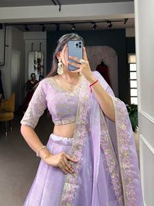 Tradicional Georgette Lehenga estampado elegante seda Dupatta algodón última fiesta paquistaní boda damas de honor con espejo de papel - Product Image 6