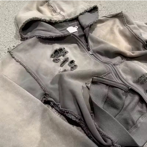 Sweat à capuche zippé de haute qualité, lourd, coupe et couture personnalisées, délavé au soleil, effet pierre, strass, effet usé, sweat à capuche ample et court pour homme - Product Image 3