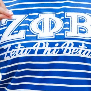 Sudadera Zeta a rayas azules y blancas con algodón suave y letras de chenilla para miembros de la Hermandad Greek Life Fashion - Product Image 2