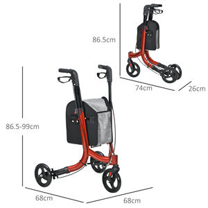 HOMCOM Height Adjustable <b>Walker</b> with <b>3</b> <b>Wheels</b> and Storage Pocket, Aluminum, 68x68x86.5-99 cm, Red - Product Image 3