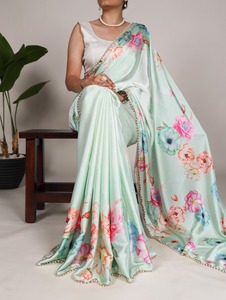 Ultimo Designer di abbigliamento pesante e bellissimo raso Saree di seta con stampa floreale con perla pizzo bordo di lavoro fornitore all'ingrosso