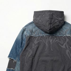 Sweat-shirt à capuche en molleton respirant et écologique pour homme, patchwork en coton, ourlet brut, broderie usée, coupe ample, pull-over - Product Image 5