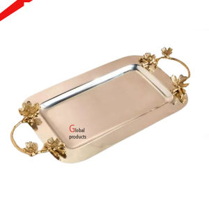 Offre spéciale Plateau de service en métal fini argenté avec poignée design fleur dorée pour restaurant et bar - Product Image 1