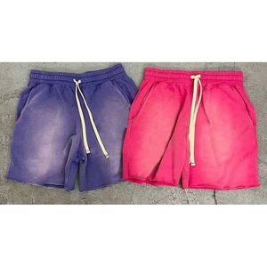 2024 cordón lavado ácido bordes crudos Vintage liso francés Terry algodón polar Jogger deportes desgastado algodón sudor pantalones cortos para hombres - Product Image 4