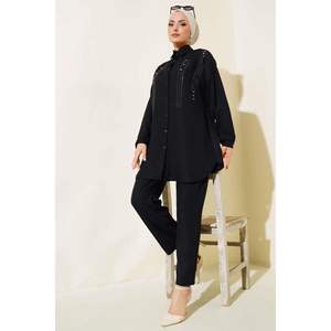 Conjunto de 2 piezas de lino negro con piedras y lentejuelas para mujer - Product Image 3