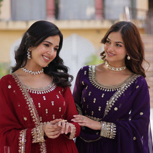 Ropa de boda tradicional de moda vestido rojo azul bordado con Duptta fiesta de adultos Diwali Festival mujer chica colección de ropa - Product Image 1