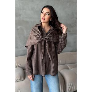 Chemise ample marron en tissu tissé avec détail de châle simple - 100 % coton respirant - Product Image 2