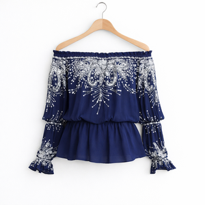 Haut à manches longues à volants, brodé de perles blanches, style peplum, haut à manches longues à volants de couleur bleu marine, haut élastique - Product Image 1