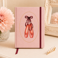 Carnet de notes de ballet personnalisé LABON, couverture rigide en lin rose poudré, impression CMYK, pointes de danse, cadre ovale doré, bords dorés, ruban bordeaux
