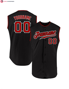 Maillot de baseball et de softball personnalisé noir et rouge sans manches 100% polyester antibactérien entièrement imprimé par sublimation - Product Image 3