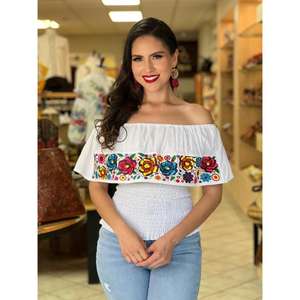 Blusa Bordada con Hombros Descubiertos para Mujer, Estilo Mexicano, Floral, Boho, Cintura Elástica, Camisa Casual de Algodón - Product Image 2