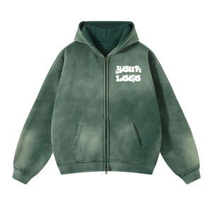 Custom Boxy Oversized Blank Solid Sun Faded Acid Washed Vintage Recortada Zip Up Hoodie Hombres - Product Image 5