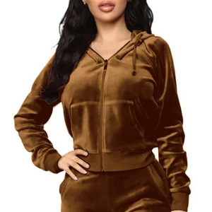 Conçu sur mesure femmes 320-340 GSM velours/velours décontracté hiver vente en gros survêtements solide 2 pièces sweat à capuche pantalon ensembles imprimer - Product Image 4