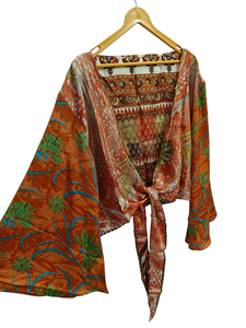 Top de seda para mujer, ropa de casa suave multicolor, blusa de seda multicolor, Top corto envolvente, camisa de tamaño libre - Product Image 6