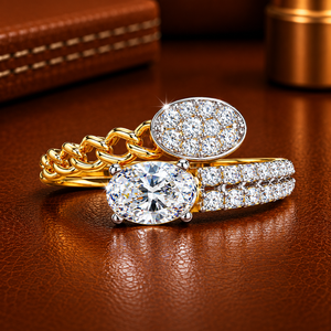 Bague de cocktail de luxe en or pur 14 carats avec diamant de laboratoire solitaire ovale pavé en grappe de diamants, style Cuban Link, fabrication sur mesure - Product Image 1
